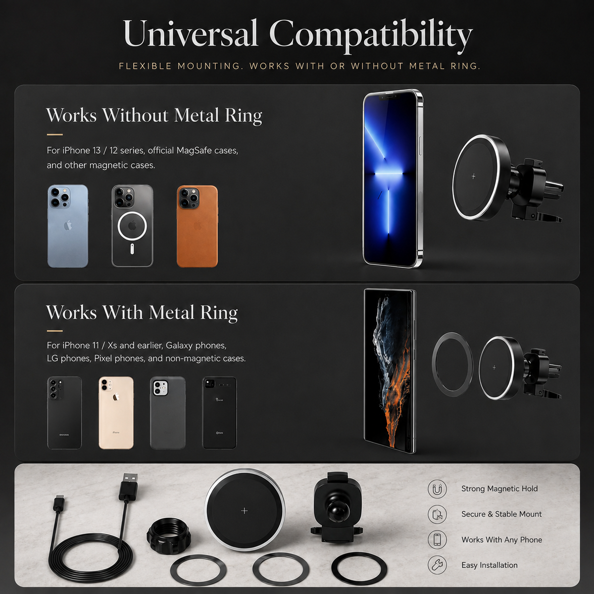 Premium RGB Magnetic Wireless Car Phone Holder 15W Qi Fast Charging Mount 360 Rotating Dashboard Air Vent Stand LED Light Compatible with iPhone
