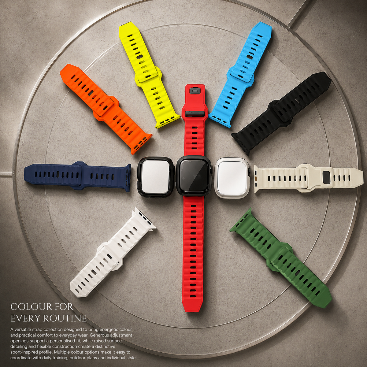 Premium Silicone Sport Watch Band Soft Waterproof Breathable Adjustable Replacement Strap Lightweight Sports Band Compatible with iPhone Everyday Wear