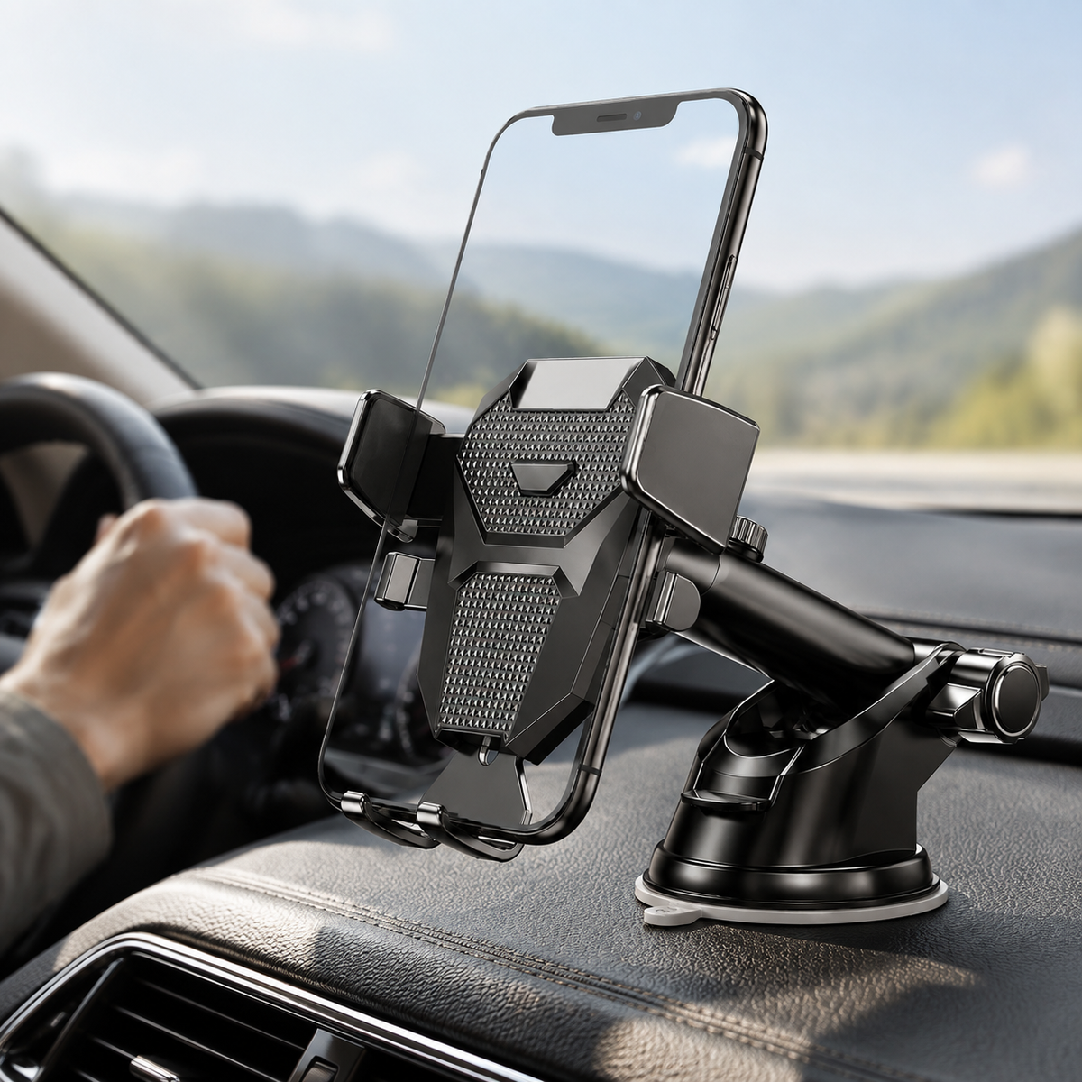 Premium Suction Cup Car Phone Holder Windshield Dashboard Mount 360 Rotating Gravity Lock GPS Stand Adjustable Telescopic Arm Compatible with iPhone