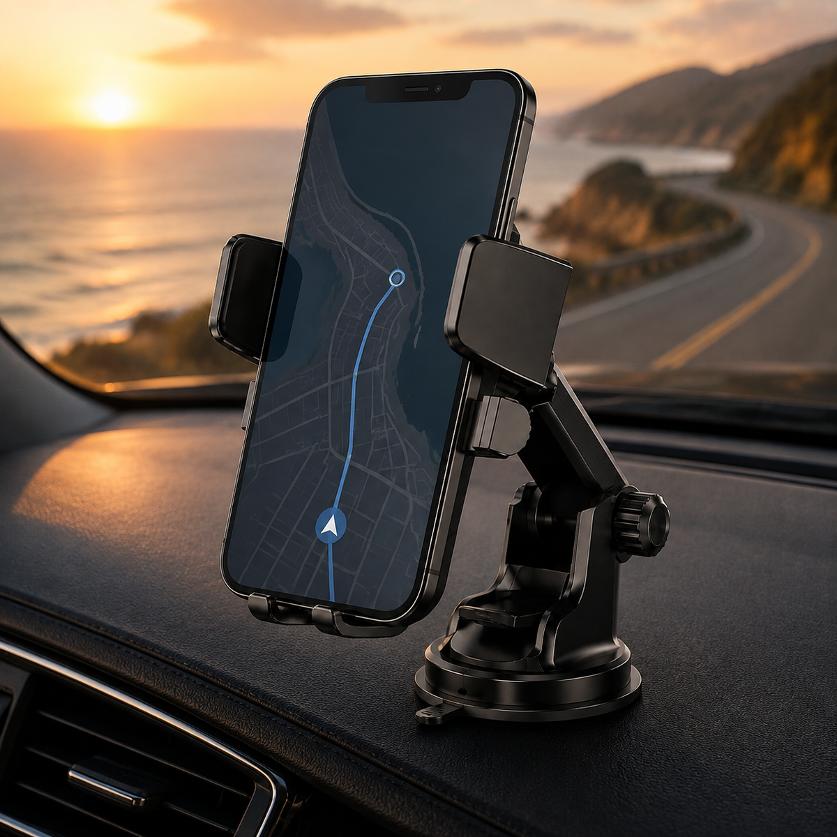 Premium Suction Cup Car Phone Holder Windshield Dashboard Mount 360 Rotating Gravity Lock GPS Stand Adjustable Telescopic Arm Compatible with iPhone