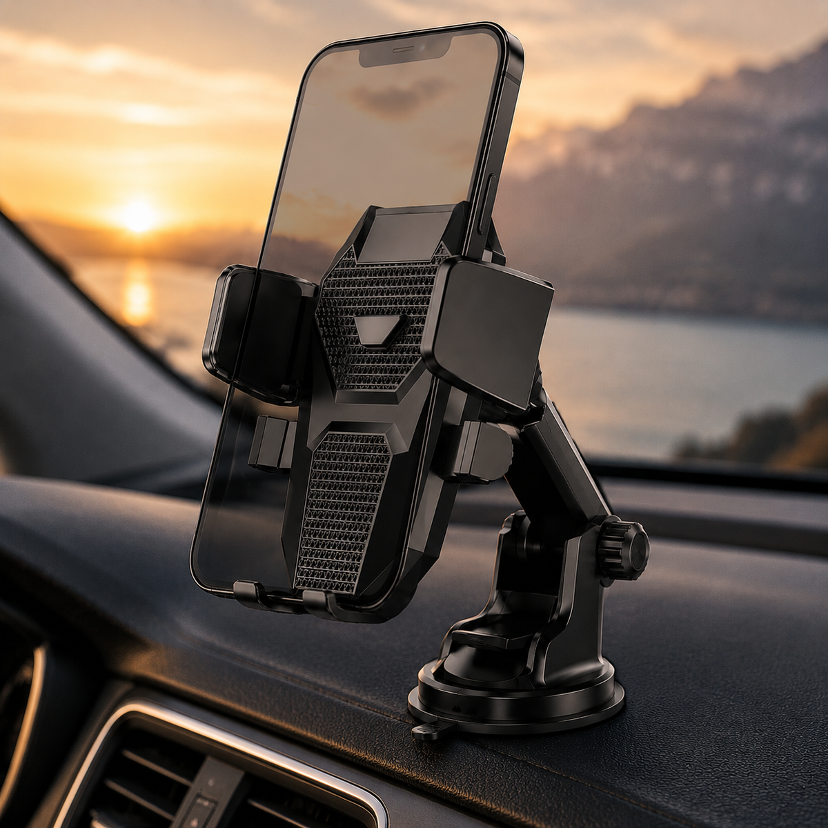Premium Suction Cup Car Phone Holder Windshield Dashboard Mount 360 Rotating Gravity Lock GPS Stand Adjustable Telescopic Arm Compatible with iPhone