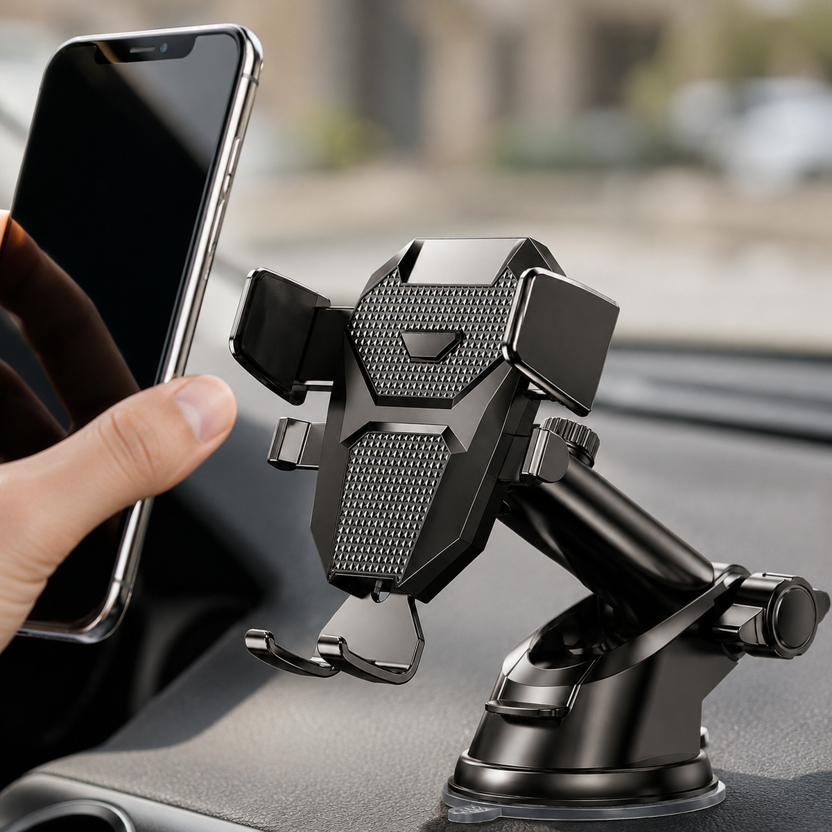 Premium Suction Cup Car Phone Holder Windshield Dashboard Mount 360 Rotating Gravity Lock GPS Stand Adjustable Telescopic Arm Compatible with iPhone