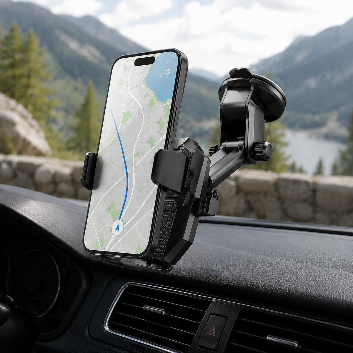 Premium Suction Cup Car Phone Holder Windshield Dashboard Mount 360 Rotating Gravity Lock GPS Stand Adjustable Telescopic Arm Compatible with iPhone