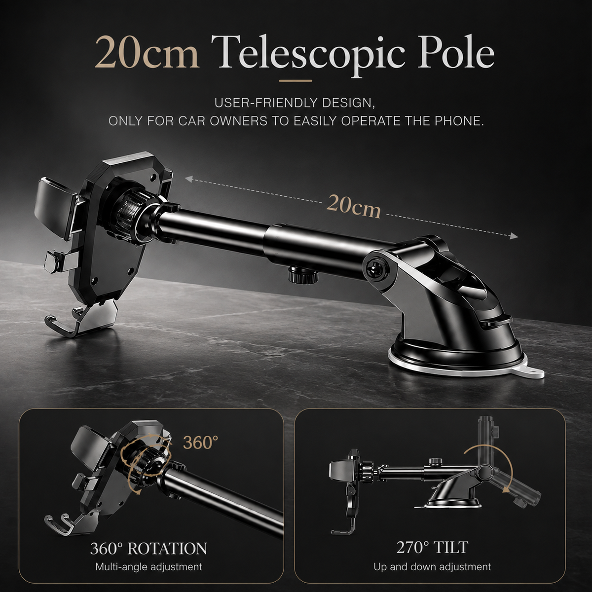 Premium Suction Cup Car Phone Holder Windshield Dashboard Mount 360 Rotating Gravity Lock GPS Stand Adjustable Telescopic Arm Compatible with iPhone