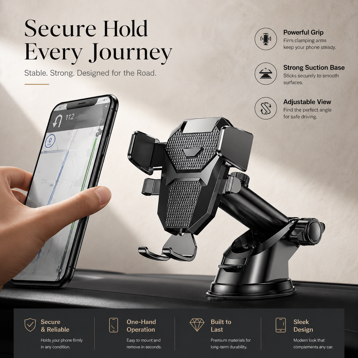 Premium Suction Cup Car Phone Holder Windshield Dashboard Mount 360 Rotating Gravity Lock GPS Stand Adjustable Telescopic Arm Compatible with iPhone