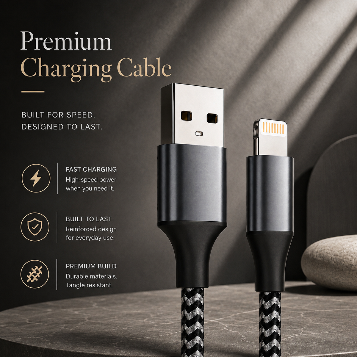 Premium USB A to Lightning Charging Cable 12W Fast Charging 2.4A MFi Certified Nylon Braided Data Sync Charger Cord Tangle Resistant Compatible with iPhone
