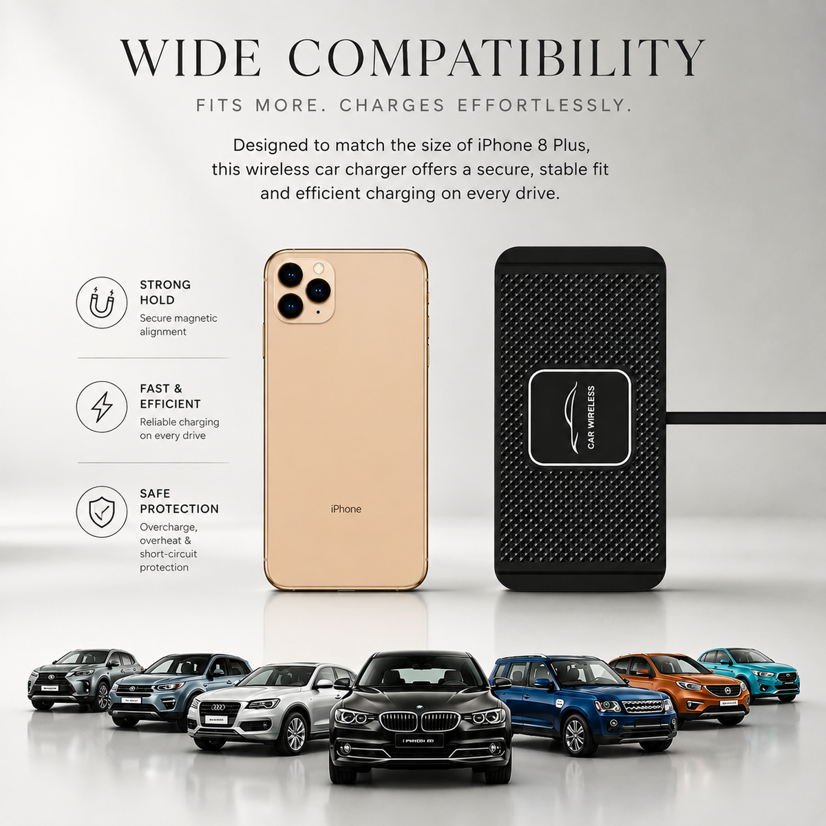 Premium Wireless Car Charger 15W Fast Wireless Charging Dashboard Phone Pad Anti Slip Silicone Cradle Dock Heat Resistant Charging Stand Compatible with iPhone