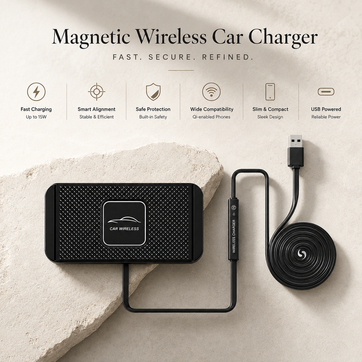 Premium Wireless Car Charger 15W Fast Wireless Charging Dashboard Phone Pad Anti Slip Silicone Cradle Dock Heat Resistant Charging Stand Compatible with iPhone