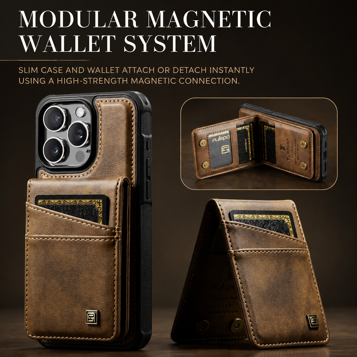 Premium iPhone Case 2-in-1 Magnetic Detachable Wallet Flip Cover PU Leather Card Holder Cash Pocket Wrist Strap Shockproof Full Protection Slim Design