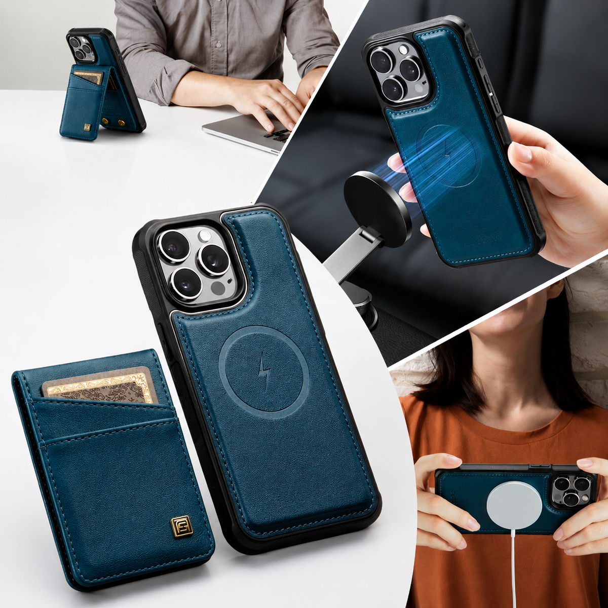 Premium iPhone Case 2-in-1 Magnetic Detachable Wallet Flip Cover PU Leather Card Holder Cash Pocket Wrist Strap Shockproof Full Protection Slim Design