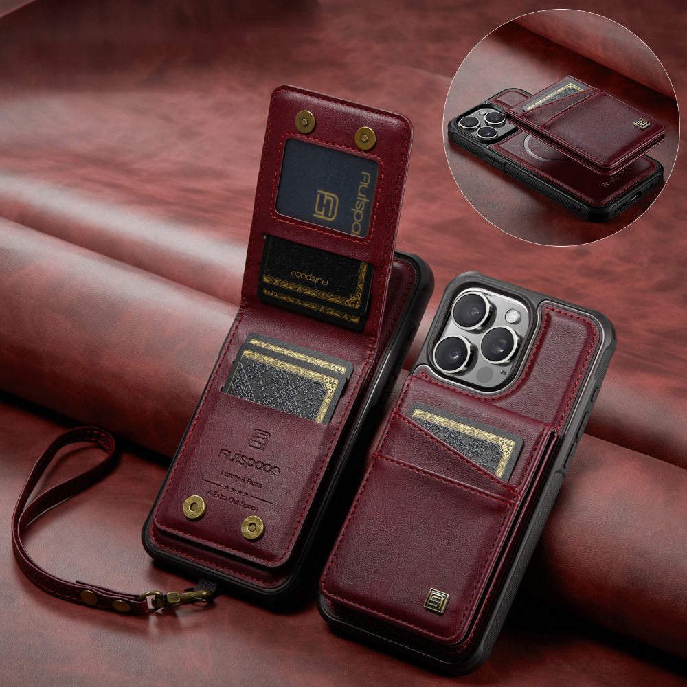 Premium iPhone Case 2-in-1 Magnetic Detachable Wallet Flip Cover PU Leather Card Holder Cash Pocket Wrist Strap Shockproof Full Protection Slim Design