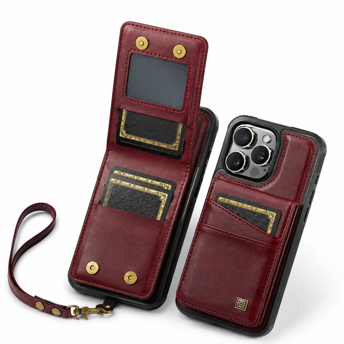 Premium iPhone Case 2-in-1 Magnetic Detachable Wallet Flip Cover PU Leather Card Holder Cash Pocket Wrist Strap Shockproof Full Protection Slim Design