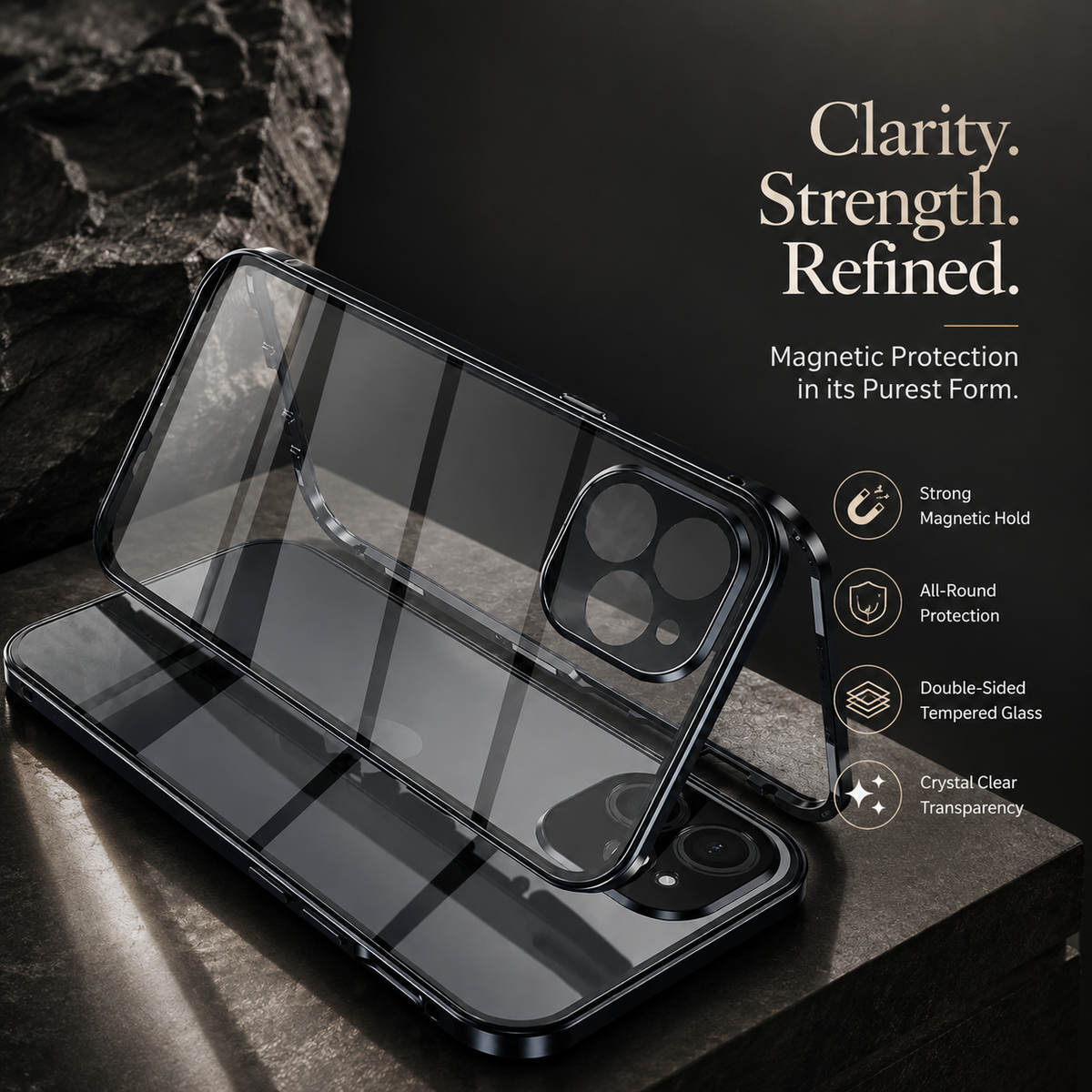 Premium iPhone Case 360 Full Protection Magnetic Glass Cover Aluminum Alloy Frame Shockproof Anti Scratch Bumper Full Coverage Camera Lens Guard Slim Design