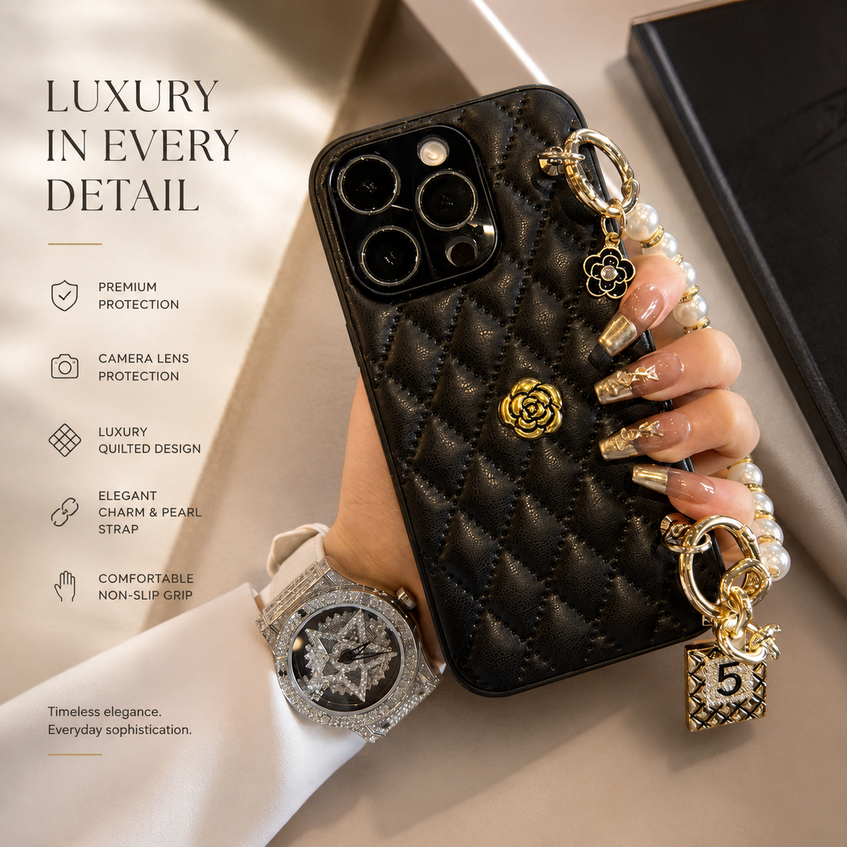Premium iPhone Case 3D Camellia Floral Design Protective Cover Chain Strap Shockproof Protection Elegant Slim Lightweight Anti Scratch Design