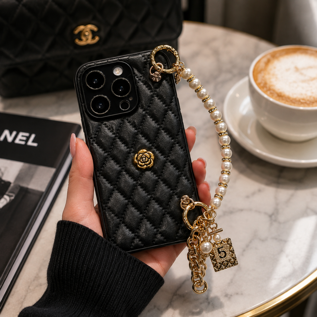 Premium iPhone Case 3D Camellia Floral Design Protective Cover Chain Strap Shockproof Protection Elegant Slim Lightweight Anti Scratch Design