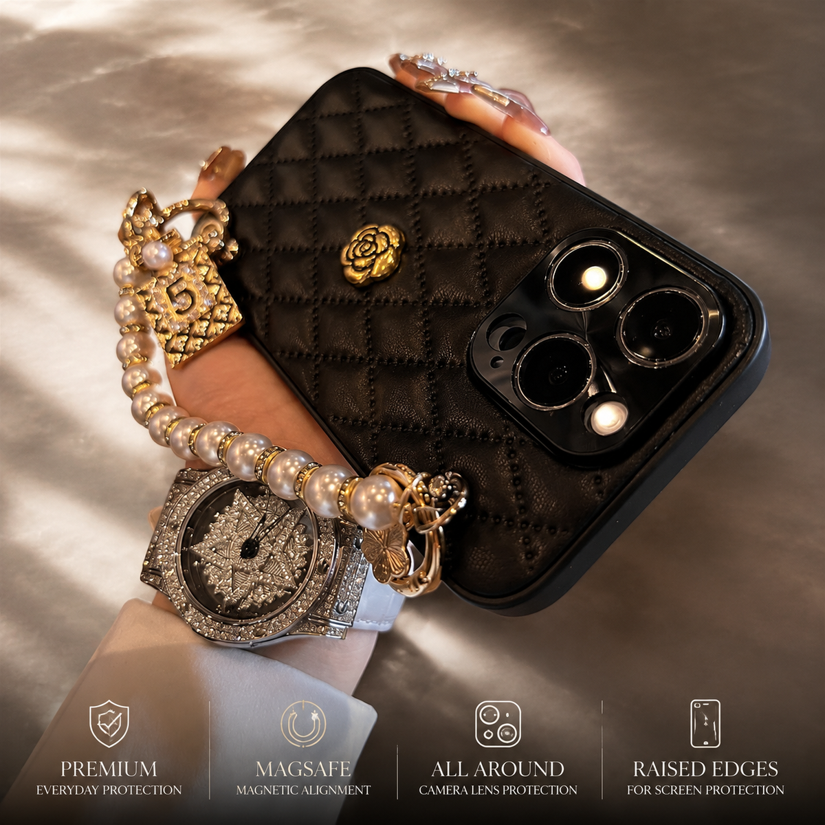 Premium iPhone Case 3D Camellia Floral Design Protective Cover Chain Strap Shockproof Protection Elegant Slim Lightweight Anti Scratch Design