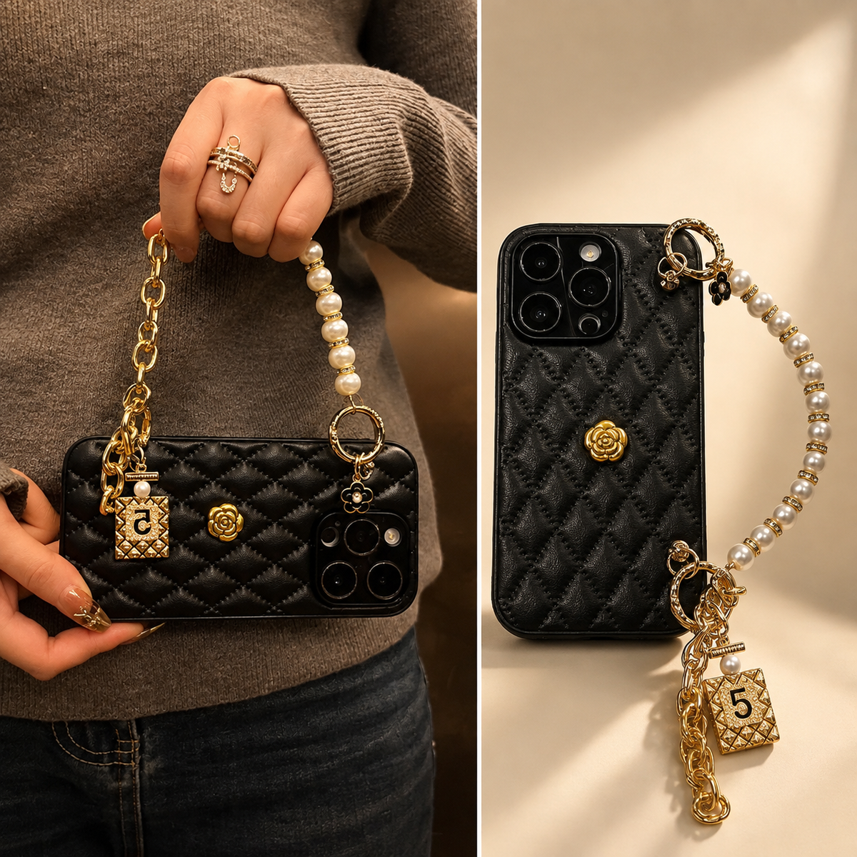 Premium iPhone Case 3D Camellia Floral Design Protective Cover Chain Strap Shockproof Protection Elegant Slim Lightweight Anti Scratch Design
