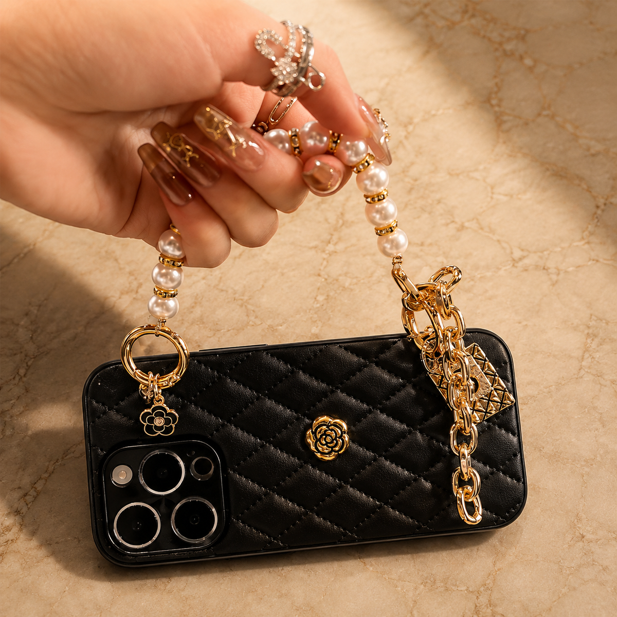 Premium iPhone Case 3D Camellia Floral Design Protective Cover Chain Strap Shockproof Protection Elegant Slim Lightweight Anti Scratch Design
