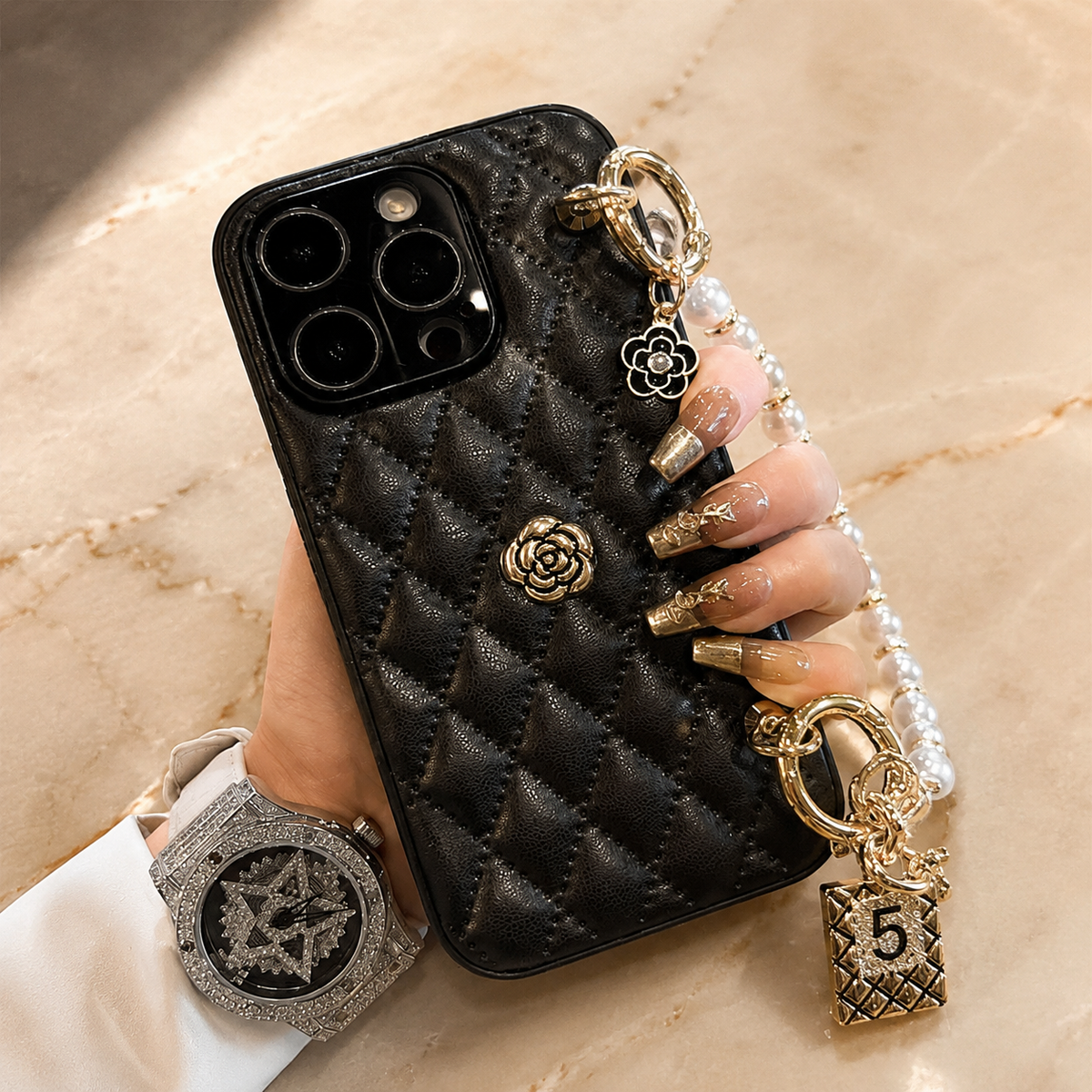 Premium iPhone Case 3D Camellia Floral Design Protective Cover Chain Strap Shockproof Protection Elegant Slim Lightweight Anti Scratch Design