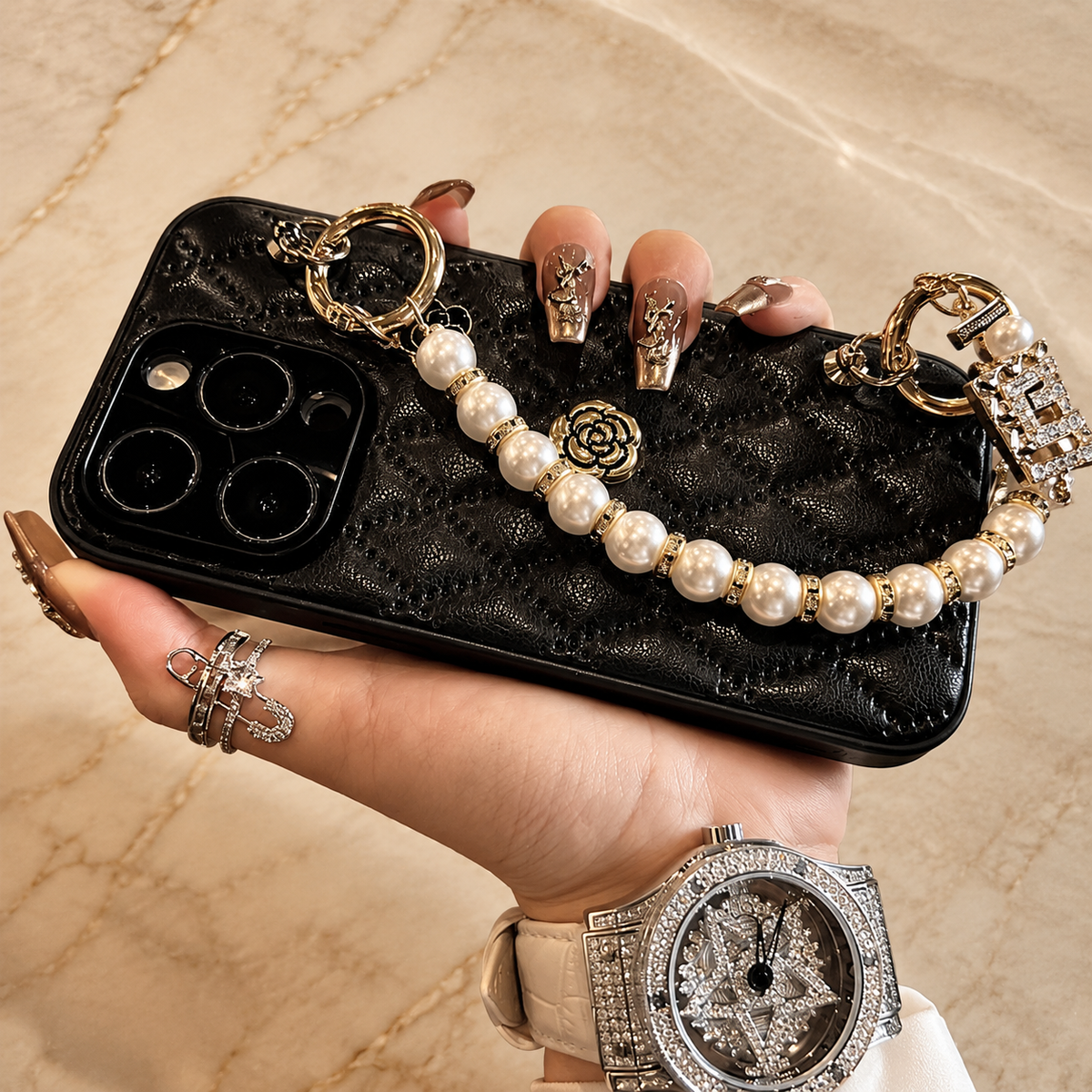 Premium iPhone Case 3D Camellia Floral Design Protective Cover Chain Strap Shockproof Protection Elegant Slim Lightweight Anti Scratch Design