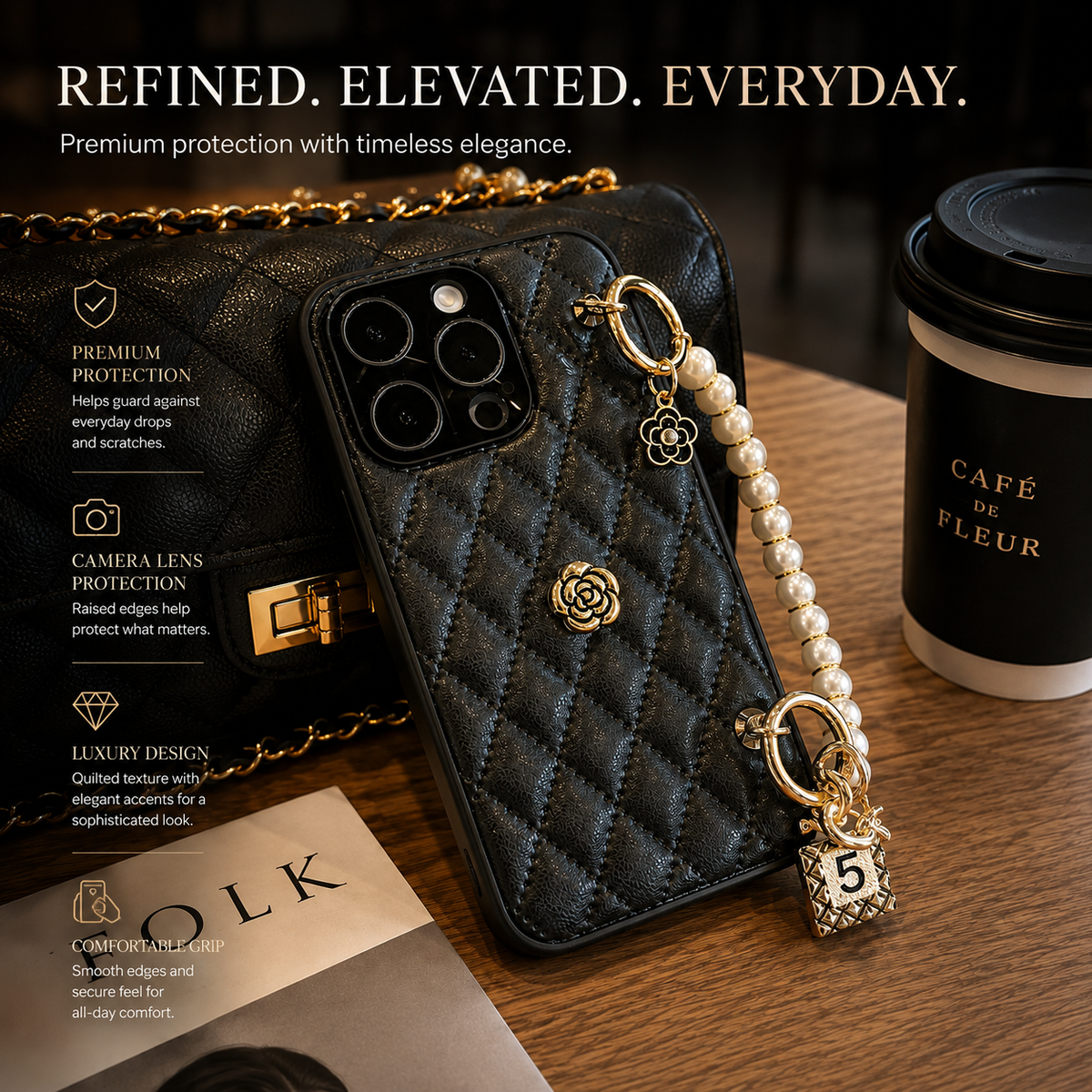 Premium iPhone Case 3D Camellia Floral Design Protective Cover Chain Strap Shockproof Protection Elegant Slim Lightweight Anti Scratch Design