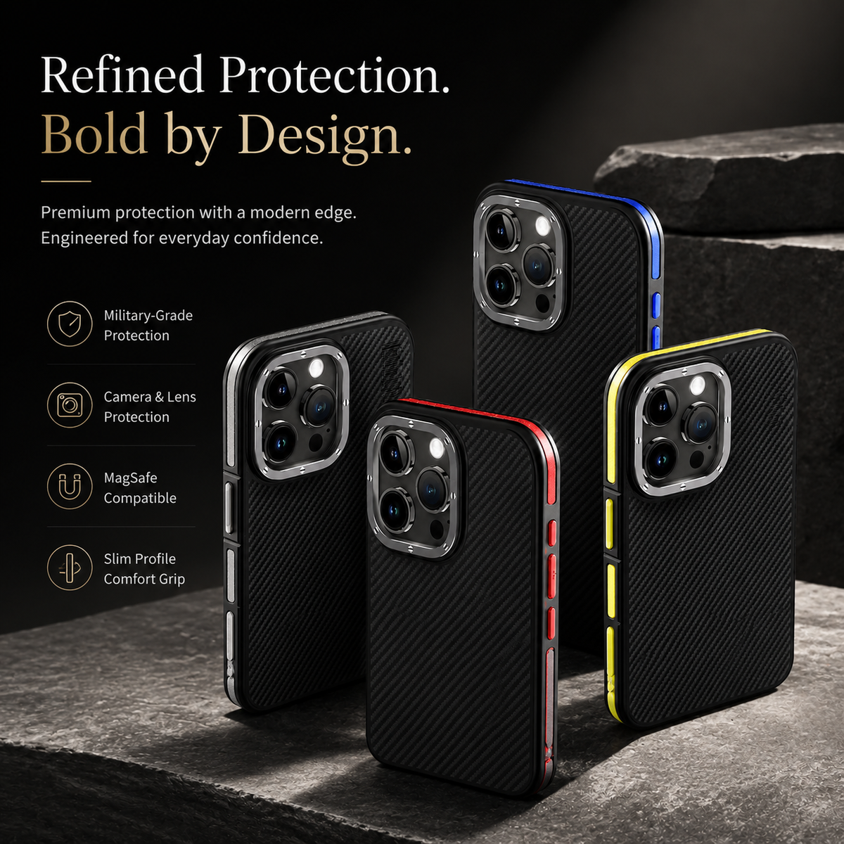 Premium iPhone Case 600D Kevlar Series Magnetic Cover Metal Camera Ring Half Wrapped Dual Layer Carbon Fiber Shockproof Slim Protective Design