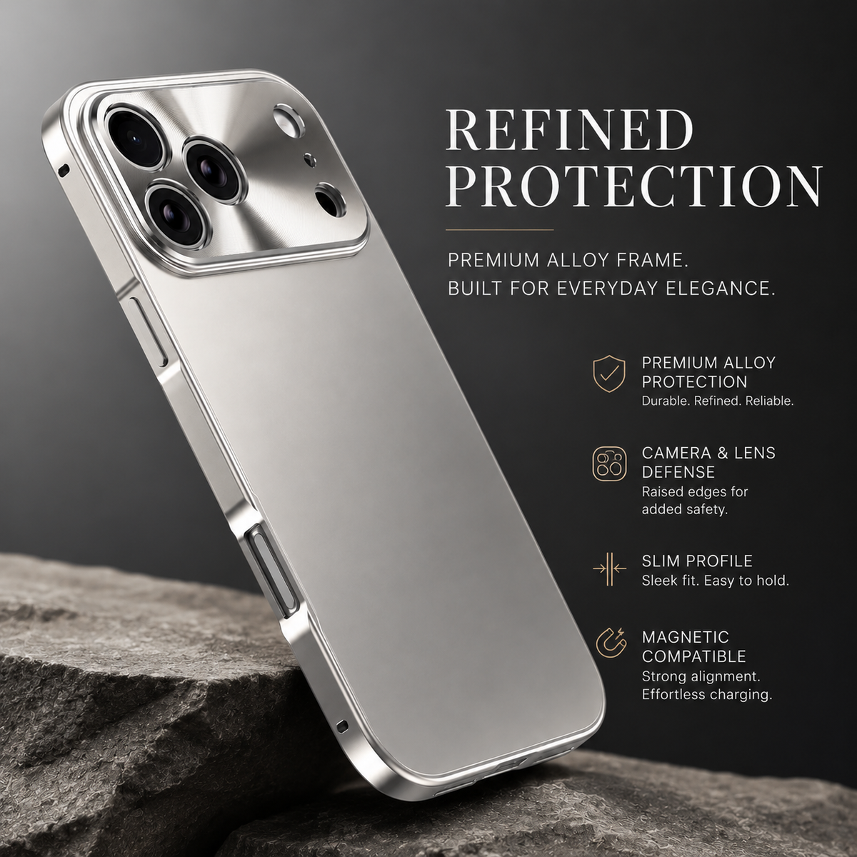 Premium iPhone Case All Aluminum Magnetic Frame Frosted PC Backplate Ultra Thin Shock Absorbing Protective Cover Camera Lens Guard Slim Durable Design