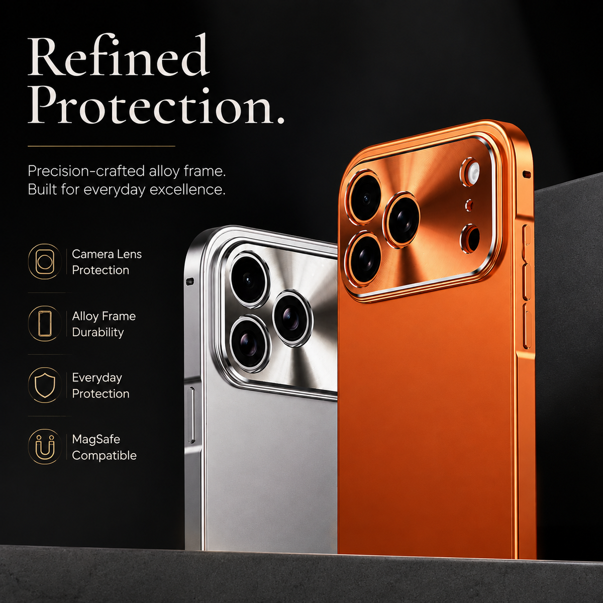 Premium iPhone Case All Aluminum Magnetic Frame Frosted PC Backplate Ultra Thin Shock Absorbing Protective Cover Camera Lens Guard Slim Durable Design