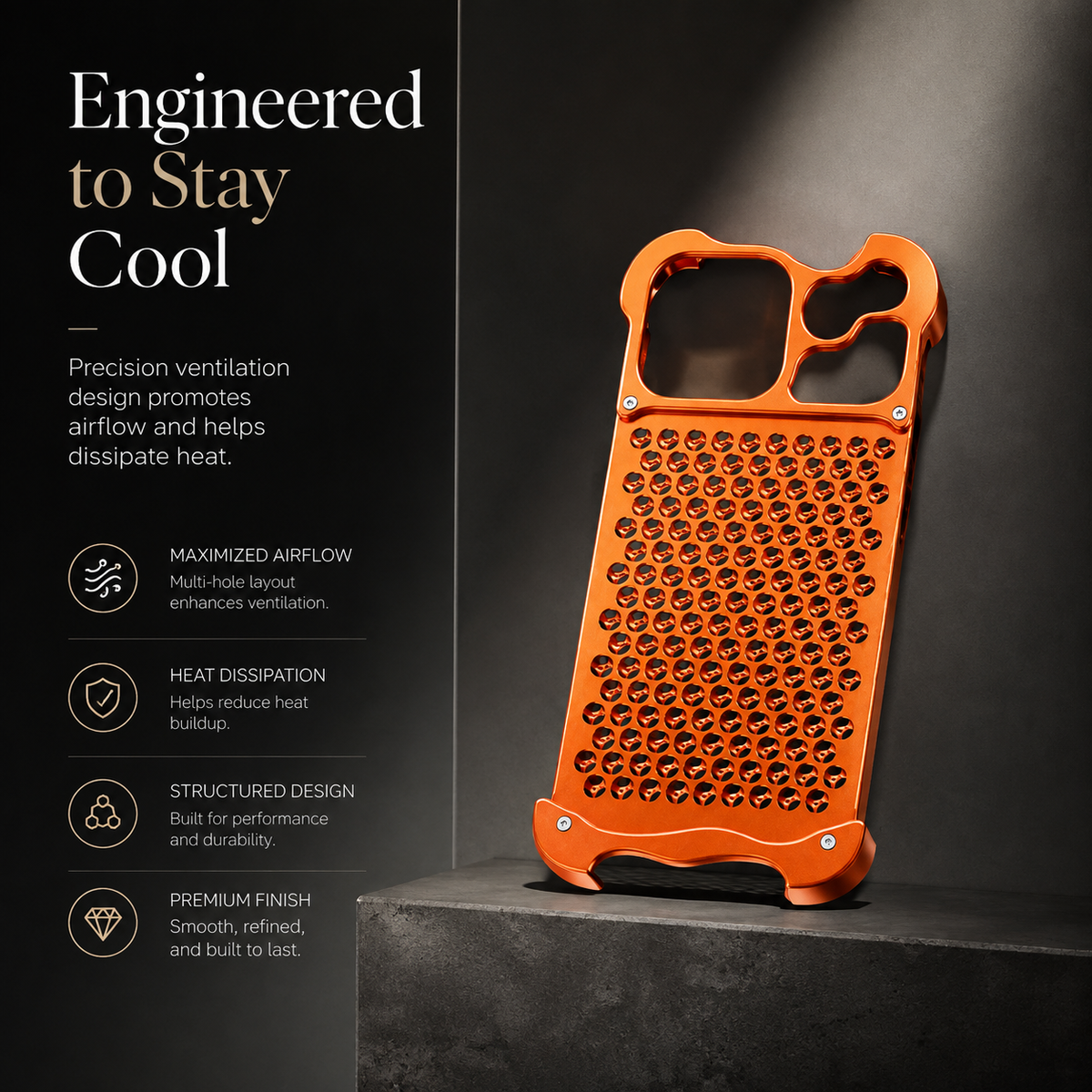 Premium iPhone Case Aluminum Alloy Borderless Frame Honeycomb Heat Dissipation Shockproof Metal Bumper Silicone Non Slip Lightweight Protective Cover
