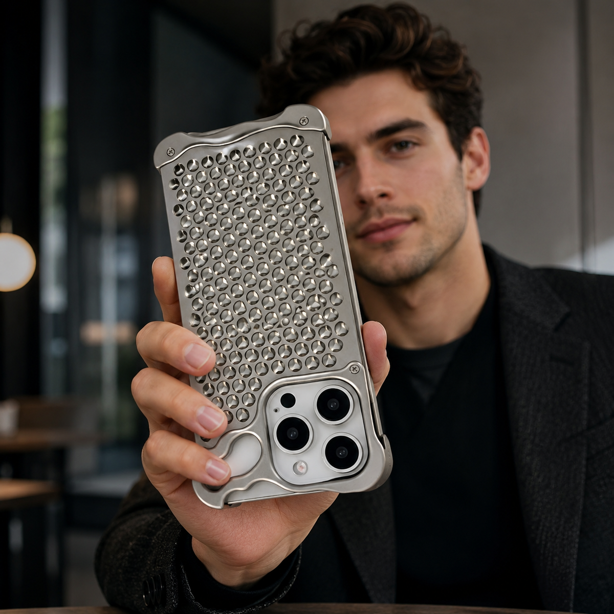 Premium iPhone Case Aluminum Alloy Borderless Frame Honeycomb Heat Dissipation Shockproof Metal Bumper Silicone Non Slip Lightweight Protective Cover