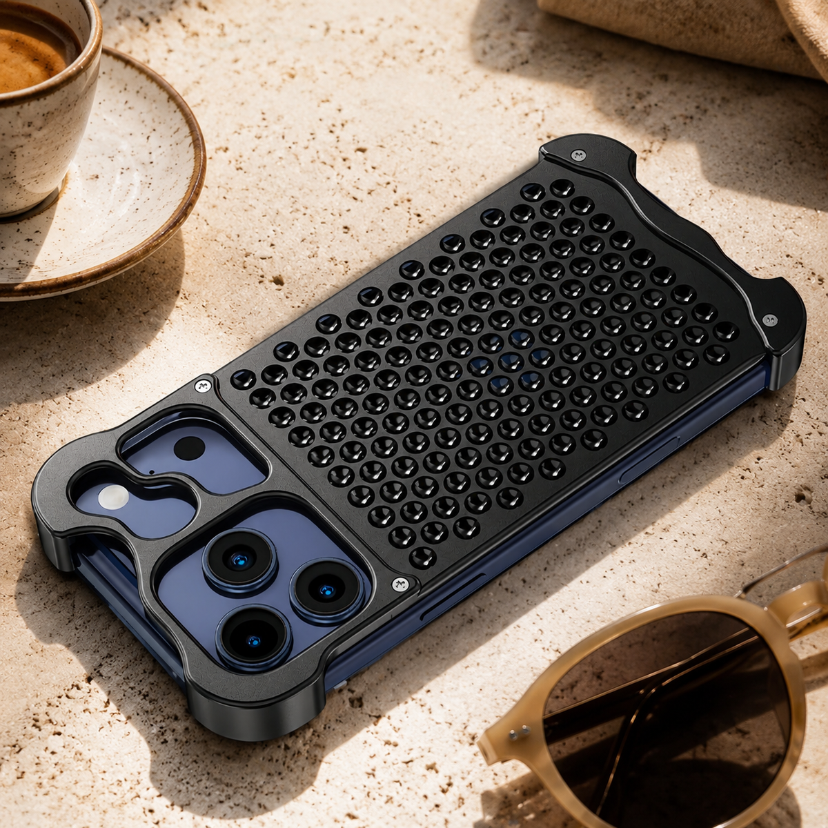 Premium iPhone Case Aluminum Alloy Borderless Frame Honeycomb Heat Dissipation Shockproof Metal Bumper Silicone Non Slip Lightweight Protective Cover