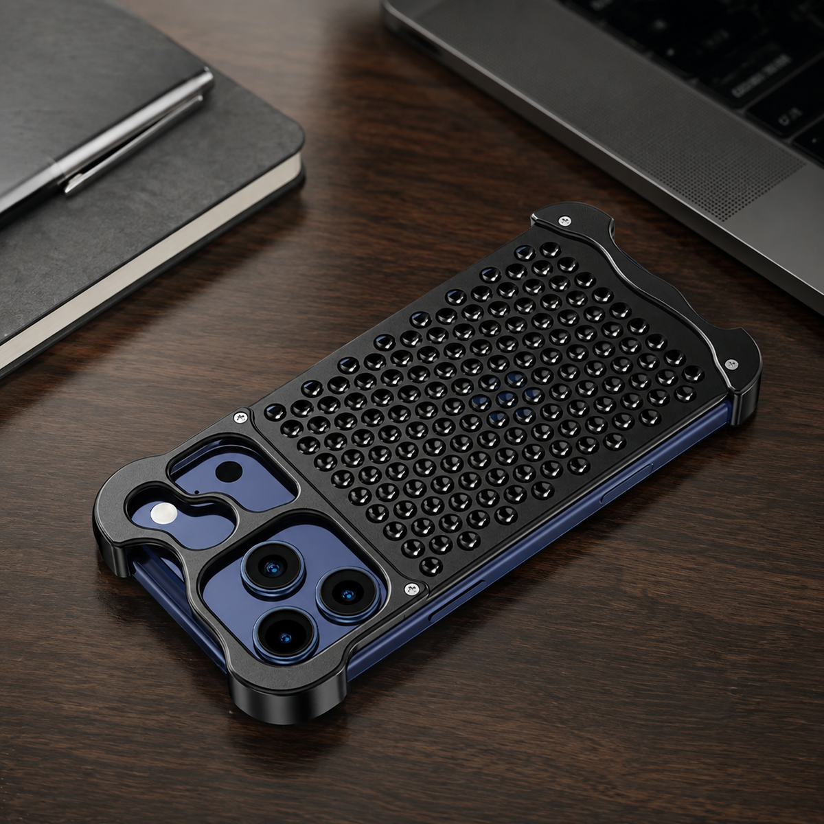 Premium iPhone Case Aluminum Alloy Borderless Frame Honeycomb Heat Dissipation Shockproof Metal Bumper Silicone Non Slip Lightweight Protective Cover