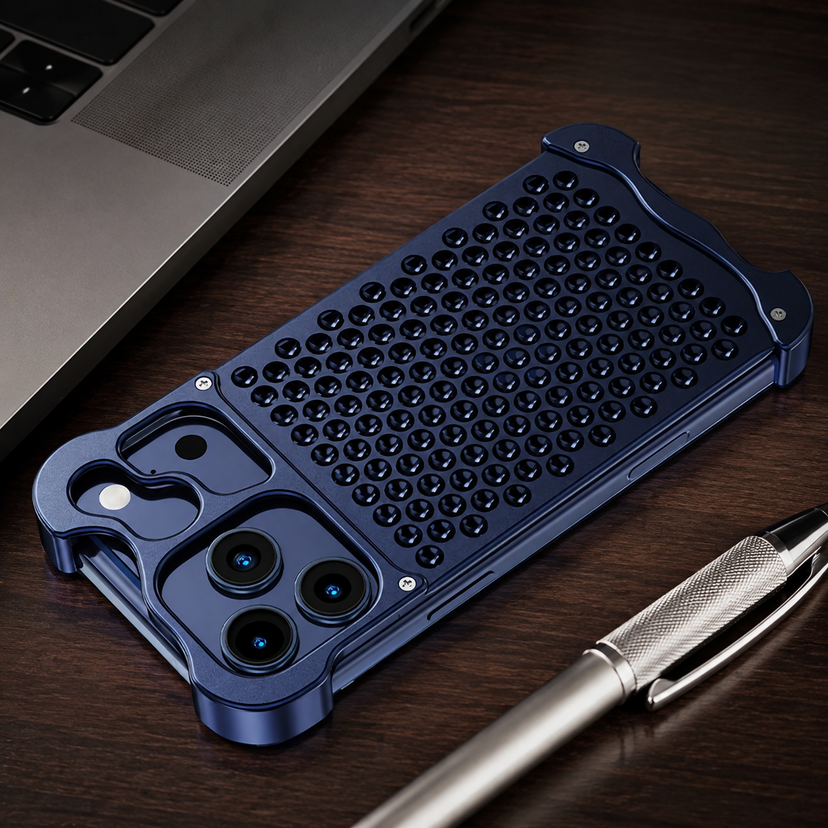 Premium iPhone Case Aluminum Alloy Borderless Frame Honeycomb Heat Dissipation Shockproof Metal Bumper Silicone Non Slip Lightweight Protective Cover