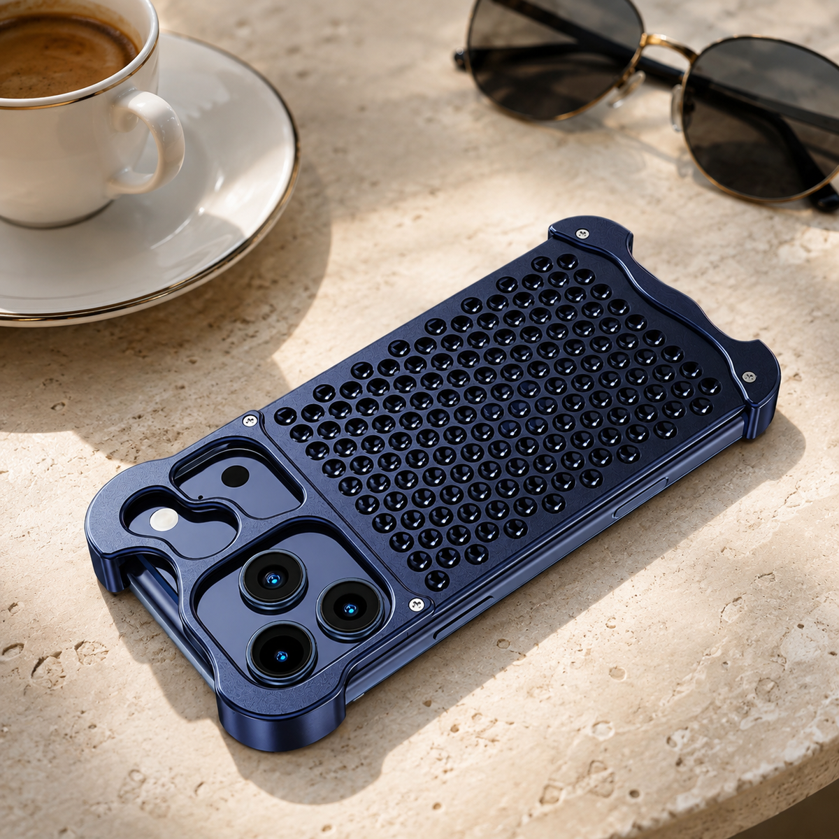 Premium iPhone Case Aluminum Alloy Borderless Frame Honeycomb Heat Dissipation Shockproof Metal Bumper Silicone Non Slip Lightweight Protective Cover