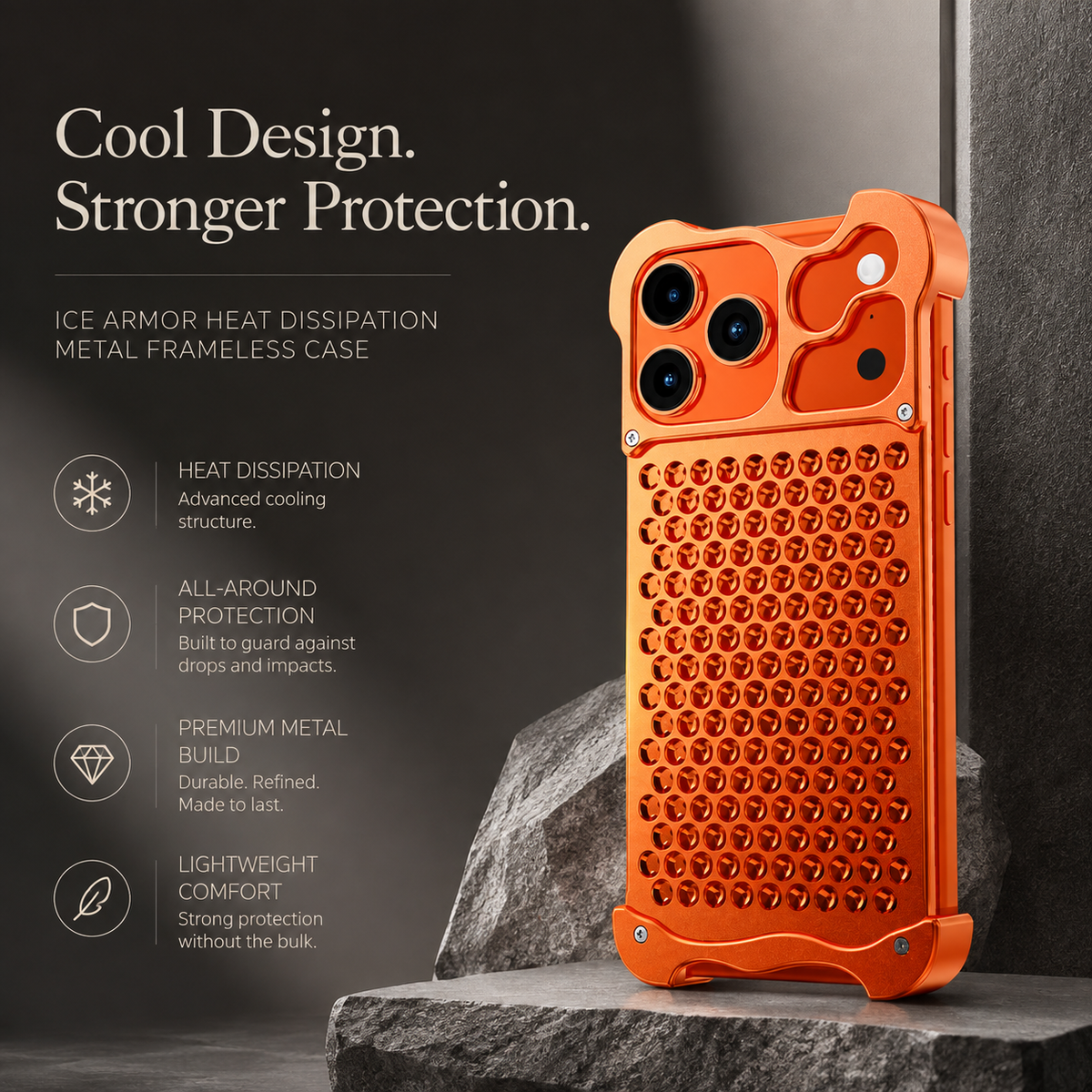 Premium iPhone Case Aluminum Alloy Borderless Frame Honeycomb Heat Dissipation Shockproof Metal Bumper Silicone Non Slip Lightweight Protective Cover