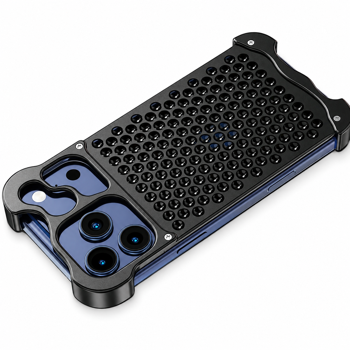 Premium iPhone Case Aluminum Alloy Borderless Frame Honeycomb Heat Dissipation Shockproof Metal Bumper Silicone Non Slip Lightweight Protective Cover