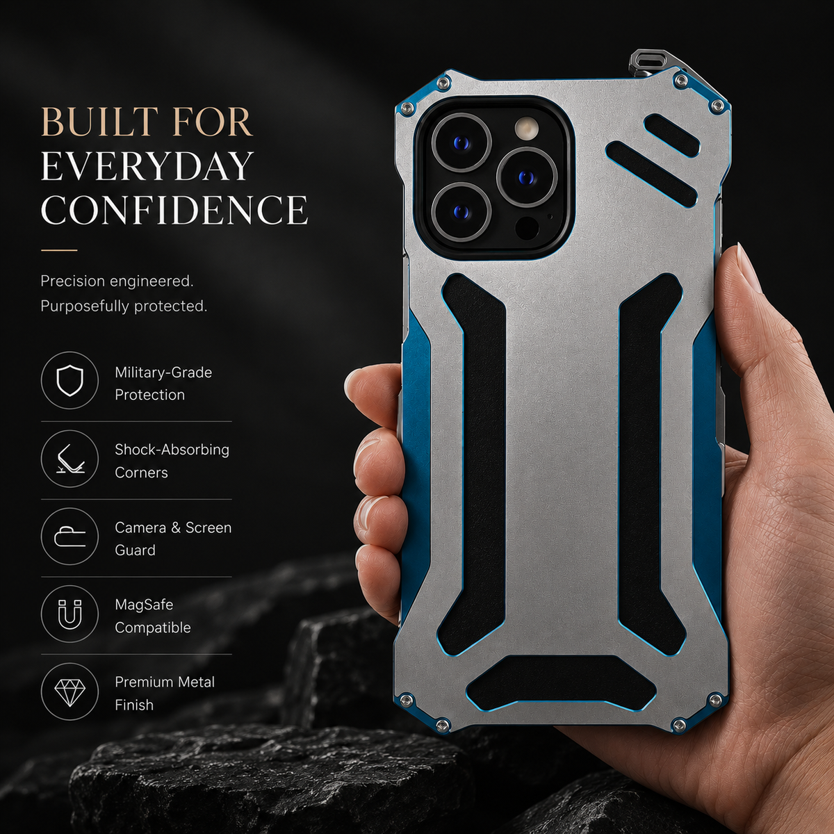 Premium iPhone Case Aluminum Alloy Metal Armor Cover Military Grade Shockproof Cooling Design Anti Scratch Protection Camera Lens Guard Rugged Slim Design