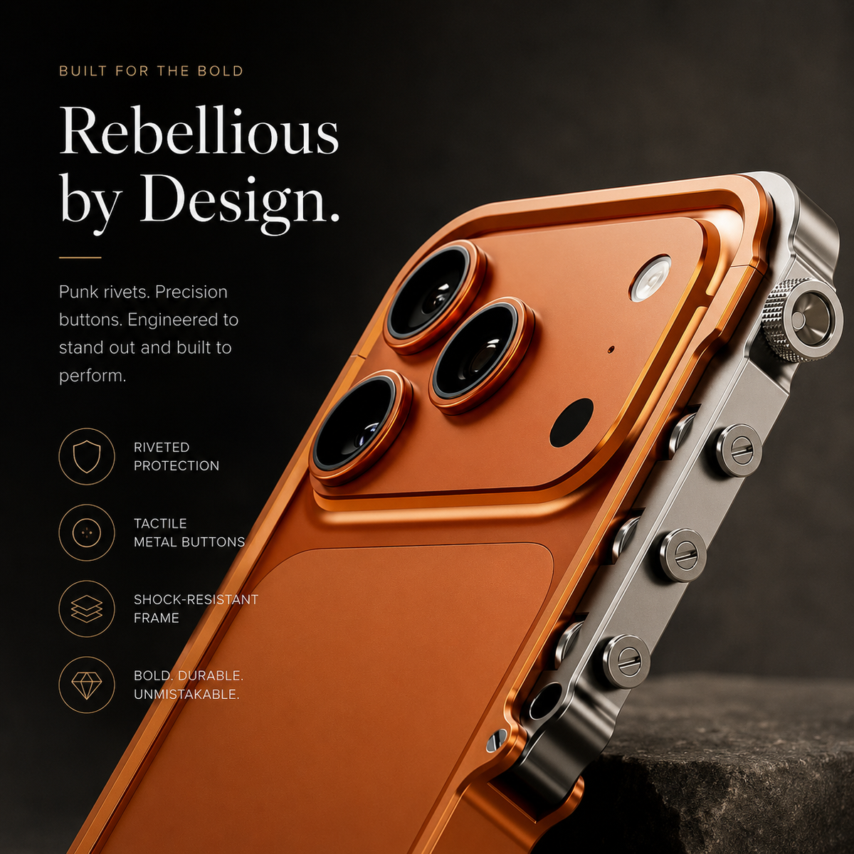 Premium iPhone Case Aluminum Alloy Metal Bumper Shockproof Protective Cover Rugged Mechanical Frame Heavy Duty Reinforced Corners Slim Cyberpunk Design