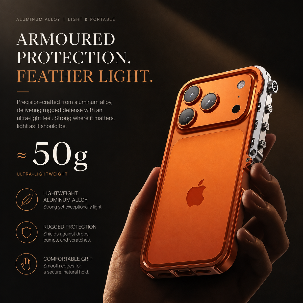 Premium iPhone Case Aluminum Alloy Metal Bumper Shockproof Protective Cover Rugged Mechanical Frame Heavy Duty Reinforced Corners Slim Cyberpunk Design