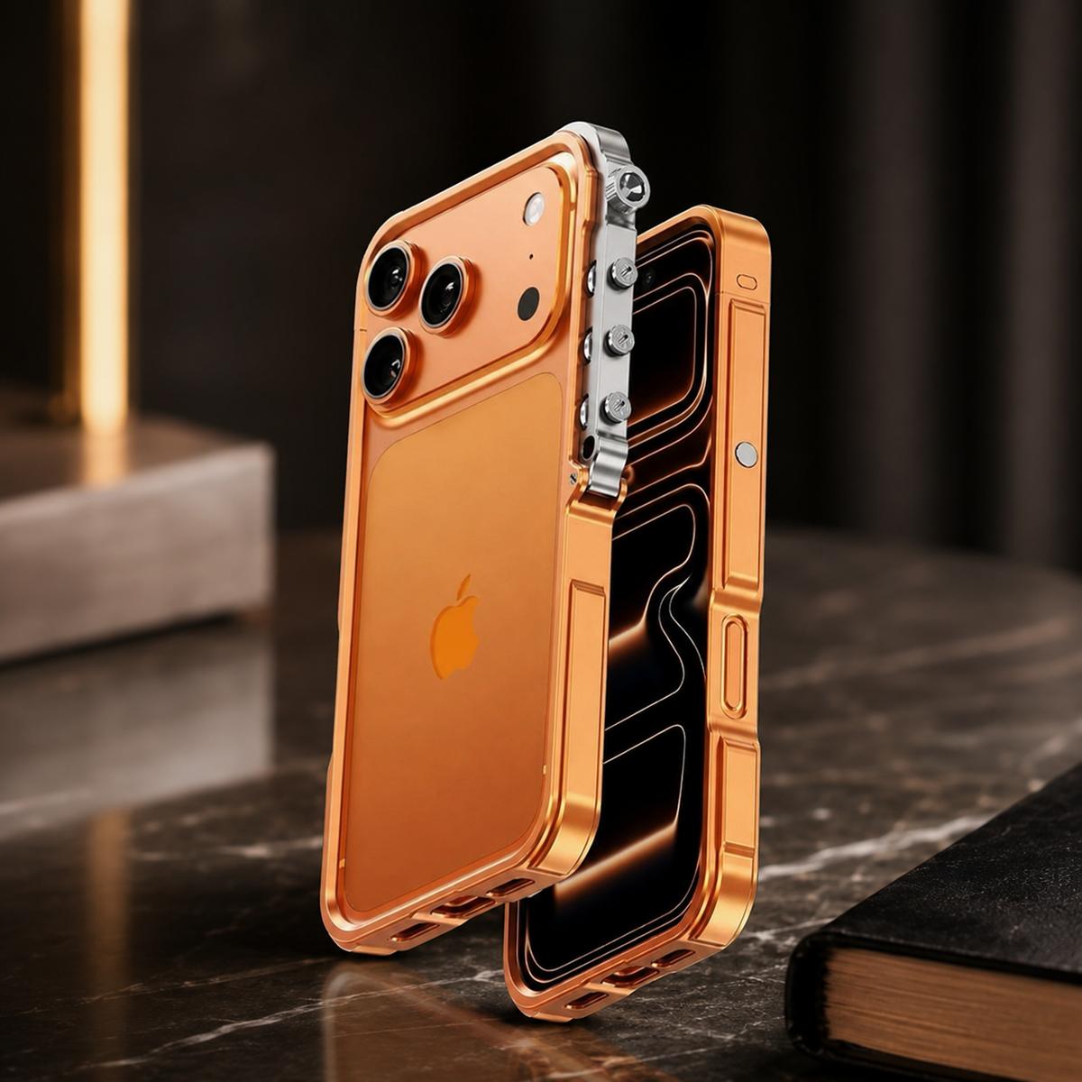 Premium iPhone Case Aluminum Alloy Metal Bumper Shockproof Protective Cover Rugged Mechanical Frame Heavy Duty Reinforced Corners Slim Cyberpunk Design