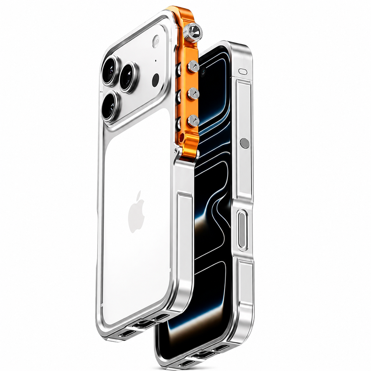 Premium iPhone Case Aluminum Alloy Metal Bumper Shockproof Protective Cover Rugged Mechanical Frame Heavy Duty Reinforced Corners Slim Cyberpunk Design