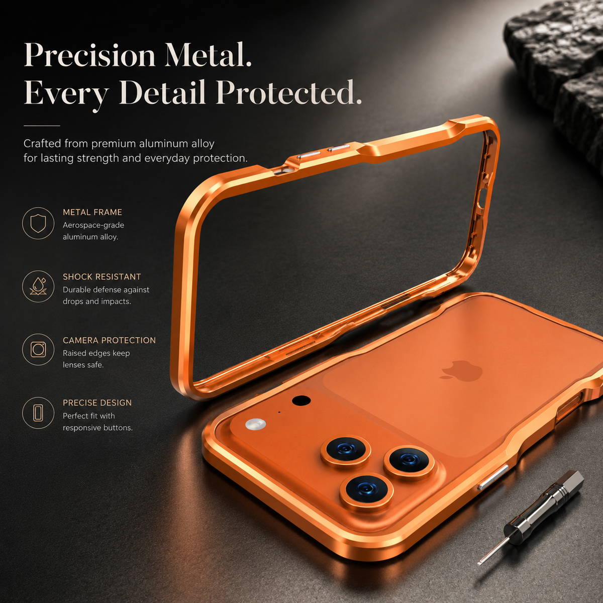 Premium iPhone Case Aluminum Alloy Metal Bumper Slim Backless Frame 4 Corner Shockproof Reinforced Edge Protection Lightweight Minimalist Cover Case