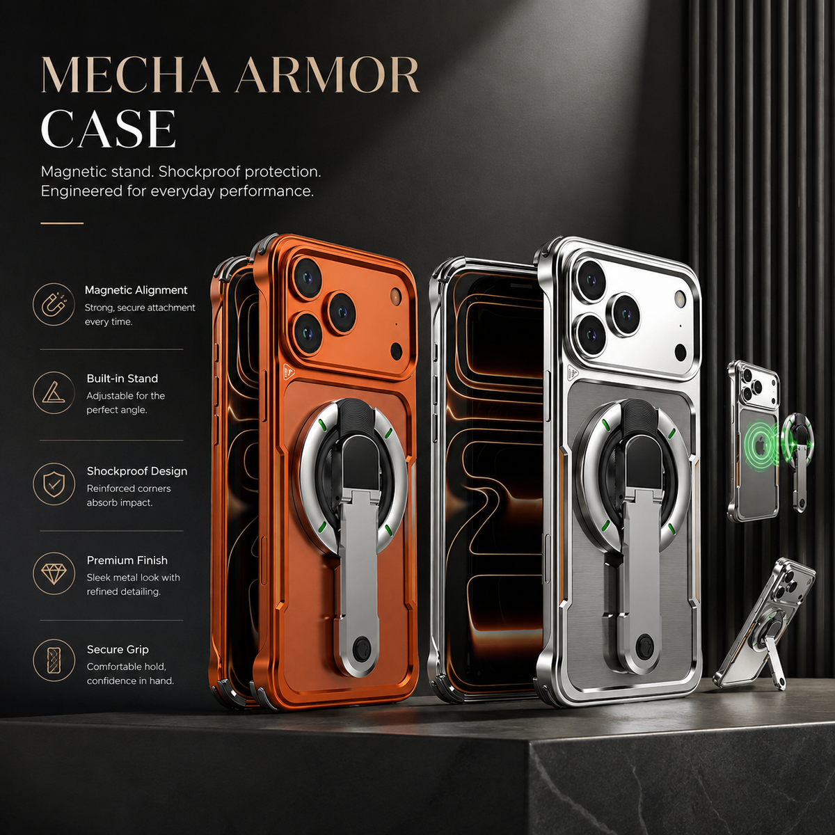 Premium iPhone Case Aluminum Armor Borderless Metal Bumper Magnetic Bracket Heat Dissipation Shockproof Slim Protective Frame Stand Cover Case