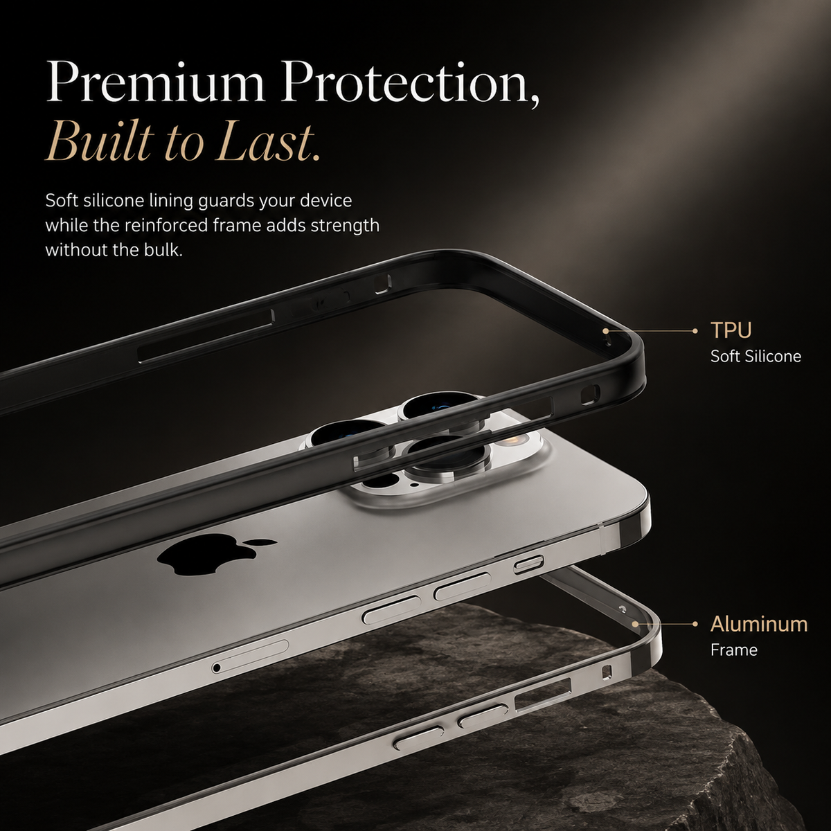 Premium iPhone Case Aluminum Metal Bumper Shockproof Protective Cover Silicone Frame Reinforced Corners Anti Scratch Slim Lightweight Rugged Edge Protection