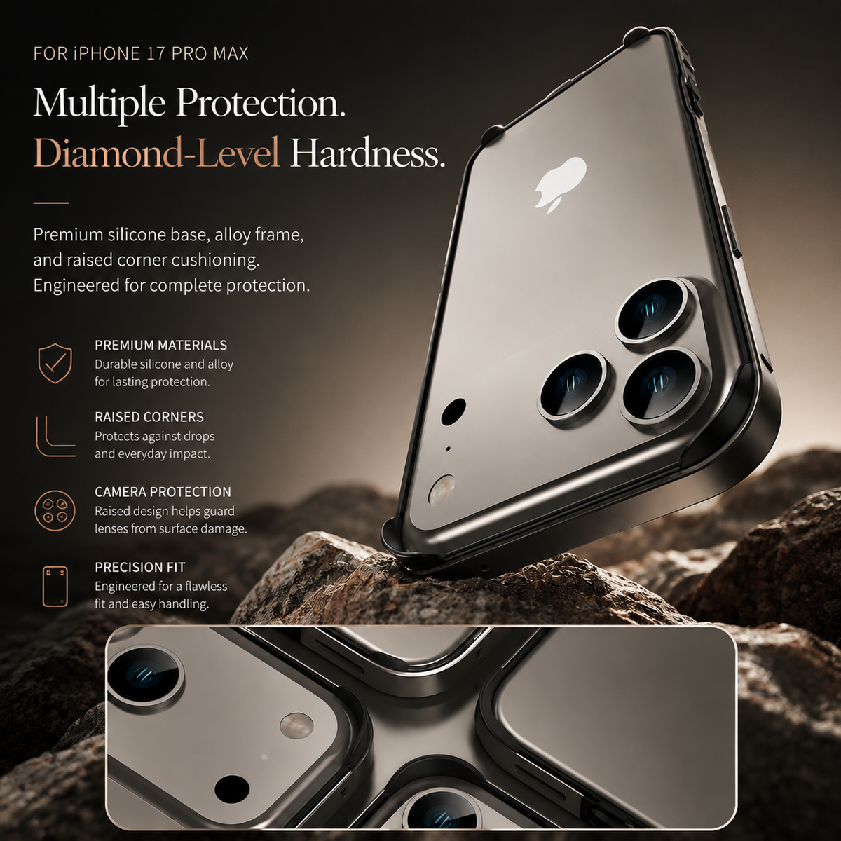 Premium iPhone Case Aluminum Metal Frame Bumper Cover Silicone Protection Shockproof Durable Rugged Edge Protection Slim Heavy Duty Protective Design