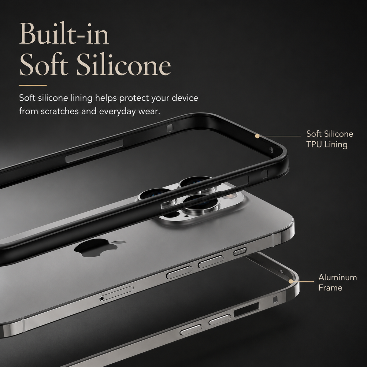 Premium iPhone Case Aluminum Metal Frame Bumper Cover Silicone Protection Shockproof Durable Rugged Edge Protection Slim Heavy Duty Protective Design