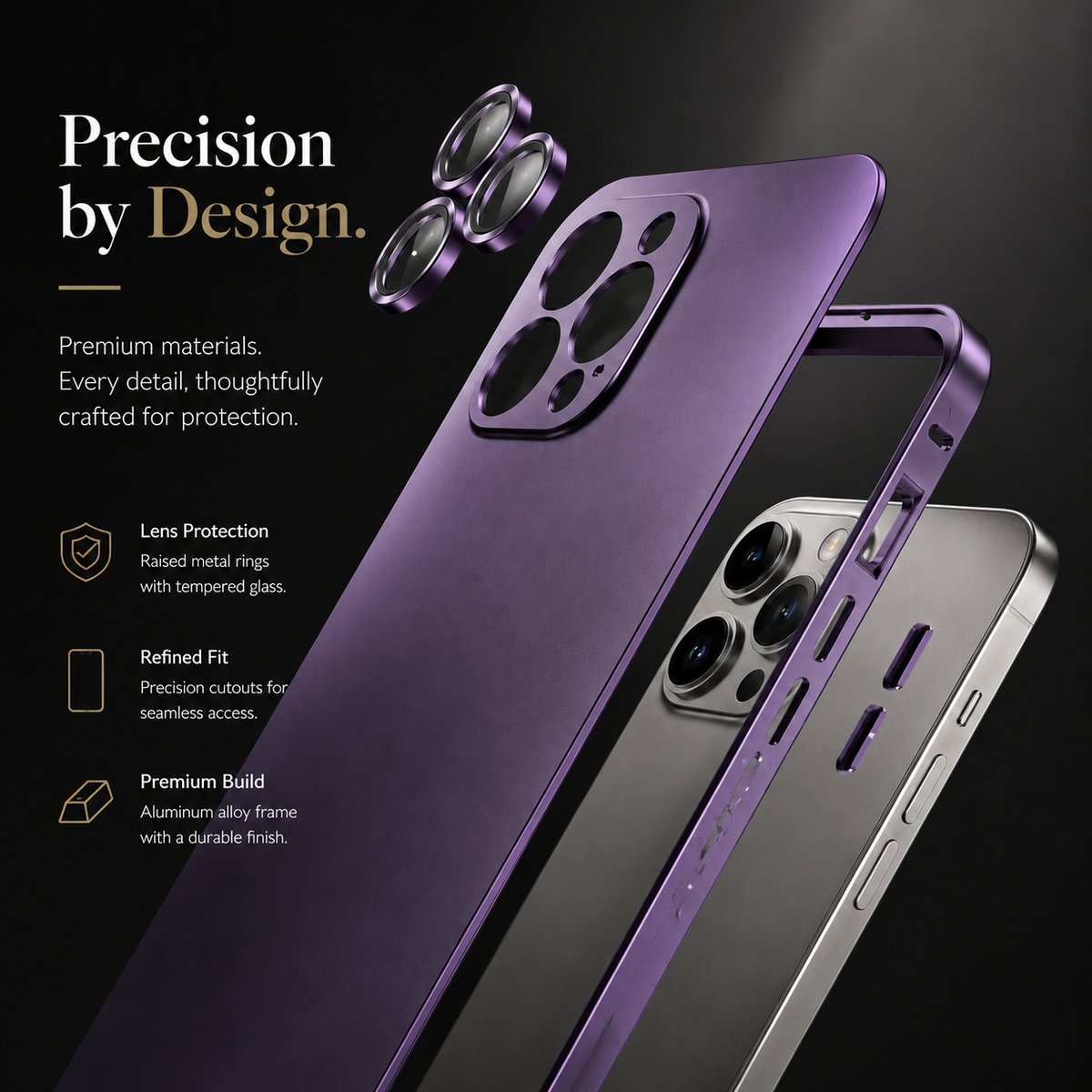 Premium iPhone Case Aluminum Metal Frame Protective Cover Shockproof Camera Lens Protection Wireless Charging Slim Lightweight PC Back Full Coverage