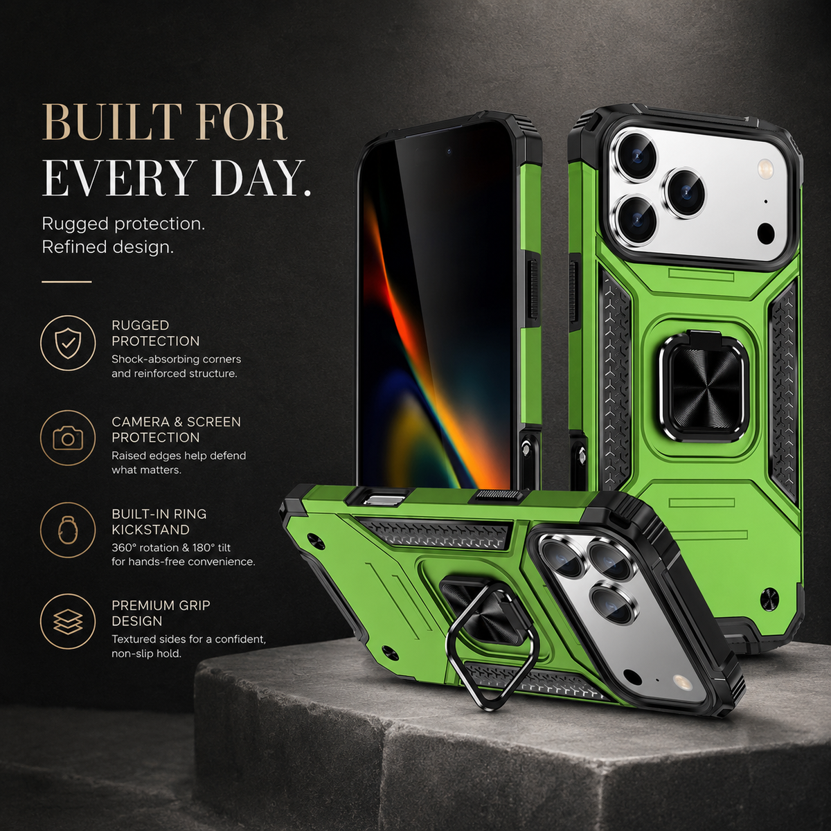 Premium iPhone Case Anti Drop Heavy Duty Ring Kickstand Shockproof Dual Layer Anti Scratch Non Slip Reinforced Protective Bracket Bumper Cover