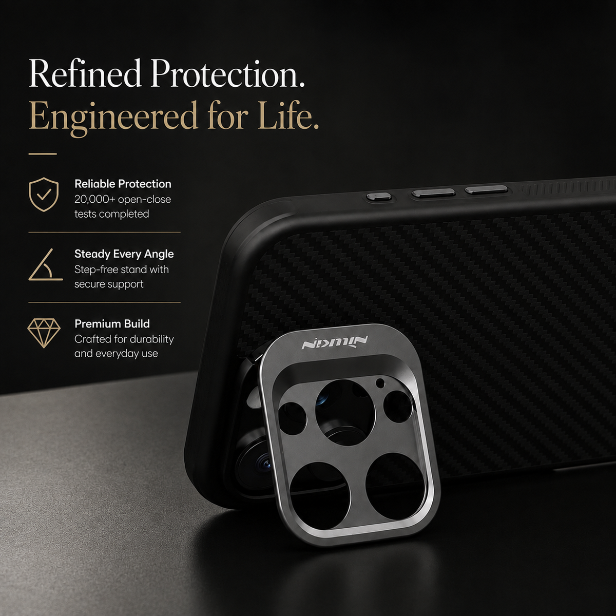 Premium iPhone Case Aramid Fiber Kevlar 600D Half Wrapped Cover with MagSafe Invisible Camera Ring Stand Shockproof Anti Fingerprint Design
