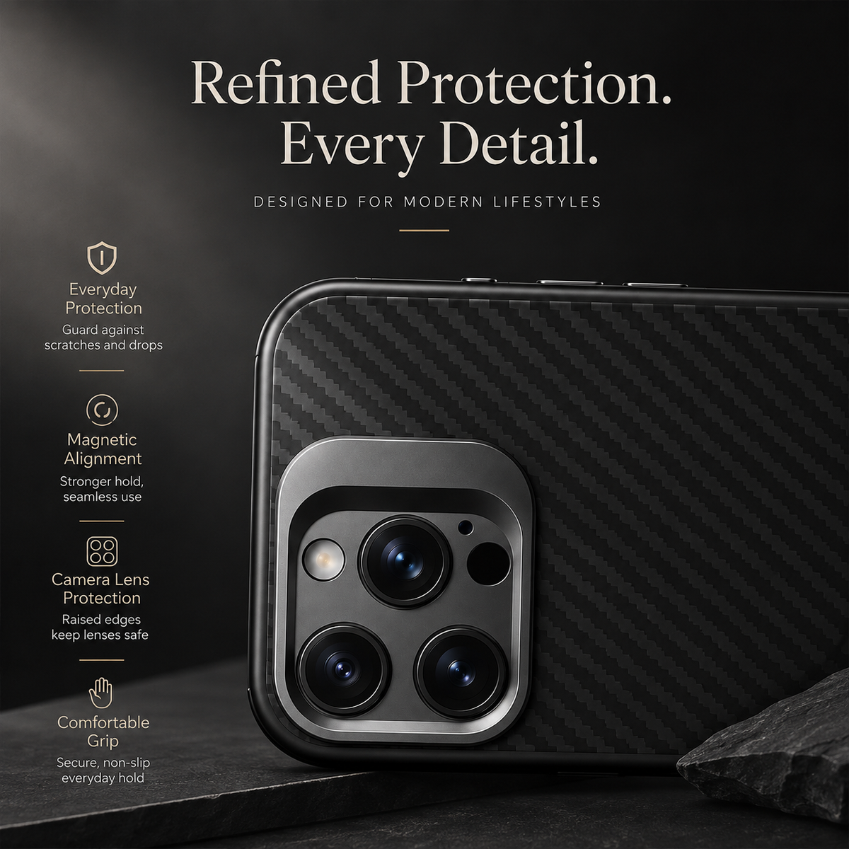 Premium iPhone Case Aramid Fiber Kevlar 600D Half Wrapped Cover with MagSafe Invisible Camera Ring Stand Shockproof Anti Fingerprint Design